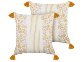Set of 2 Cotton Cushions Flower Pattern 45x45cm Yellow and White