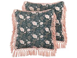 Set of 2 Velvet Cushions Flower Pattern with Tassels 45x45cm Blue and Pink