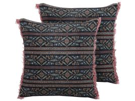 Set of 2 Velvet Fringed Cushions with Flower Pattern 45x45cm Multicolour