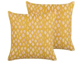 Set of 2 Cotton Cushions Leaf Pattern 45x45cm Yellow
