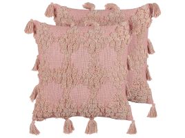 Set of 2 Tufted Cotton Cushions with Tassels 45x45cm Pink