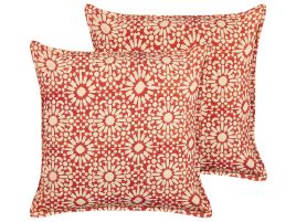 Set of 2 Cotton Cushions Geometric Pattern 45x45cm Red