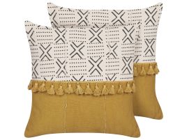 Set of 2 Cotton Cushions Geometric Pattern 45x45cm White and Yellow