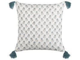Cotton Cushion Floral Pattern with Tassels 45x45cm White and Blue