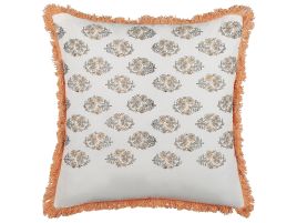 Fringed Cotton Cushion Floral Pattern 45x45cm White and Orange