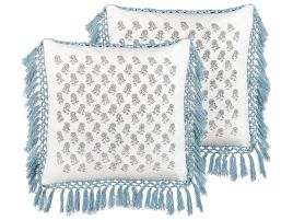 Set of 2 Fringed Cotton Cushions Floral Pattern 45x45cm White and Blue