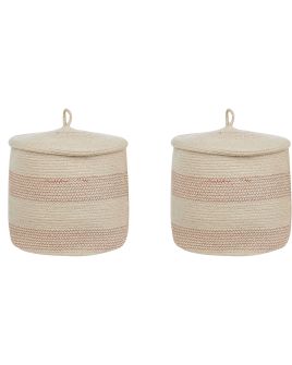 Set of 2 Cotton Baskets with Lids Light Beige