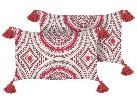 Set of 2 Cotton Cushions Oriental Pattern 30x50cm Red and White