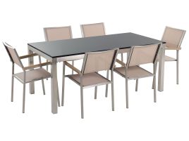6 Seater Garden Dining Set Black Granite Top with Beige Chairs GROSSETO