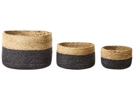Set of 3 Jute Baskets Natural and Black