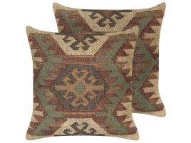 Set of 2 Jute Cushions Geometric Pattern 45x45cm Multicolour