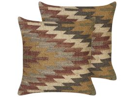 Set of 2 Jute Cushions Geometric Pattern 45x45cm Multicolour