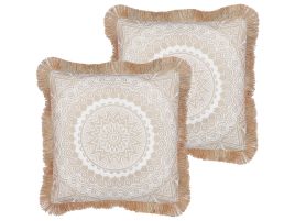 Set of 2 Fringed Cushions 45x45cm Beige and White