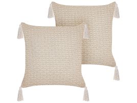 Set of 2 Cushions Geometric Pattern with Tassels 42x42cm Light Beige
