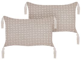 Set of 2 Cushions Geometric Pattern with Tassels 25x45cm Taupe