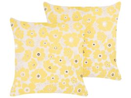 Set of 2 Velvet Cushions Floral Pattern 45x45cm Beige and Yellow