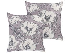 Set of 2 Decorative Cushions Floral Pattern 45x45cm Grey and Off - White