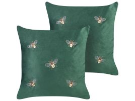 Set of 2 Embroidered Velvet Cushions Bees Motif 45x45cm Green