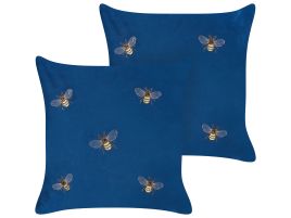 Set of 2 Embroidered Velvet Cushions Bees Motif 45x45cm Blue
