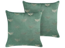 Set of 2 Velvet Cushions Butterfly Pattern 45x45cm Green