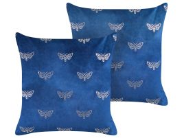 Set of 2 Velvet Cushions Butterfly Pattern 45x45cm Blue