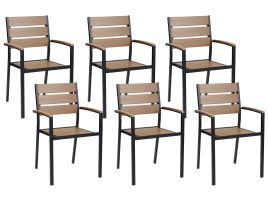 Set of 6 Garden Dining Chairs Light Wood and Black VERNIO