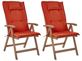 Set of 2 Acacia Wood Garden Folding Chairs Dark Wood with Red Cushions AMANTEA