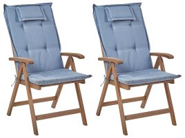 Set of 2 Acacia Wood Garden Folding Chairs Dark Wood with Blue Cushions AMANTEA