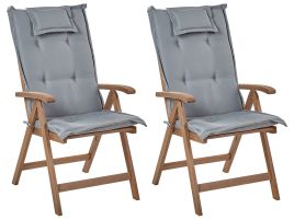 Set of 2 Acacia Wood Garden Folding Chairs Dark Wood with Grey Cushions AMANTEA