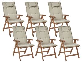 Set of 6 Acacia Wood Garden Folding Chairs Dark Wood with Taupe Cushions AMANTEA