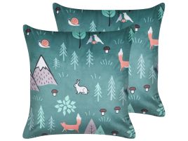 Set of 2 Velvet Kids Cushions Forest Motif 45x45cm Mint Green