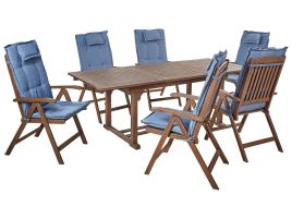 6 Seater Acacia Wood Garden Dining Set with Blue Cushions AMANTEA
