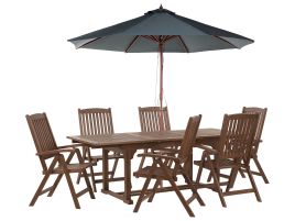 6 Seater Acacia Wood Garden Dining Set with Grey Parasol AMANTEA