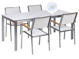 4 Seater Garden Dining Set Marble Effect Glass Top with White Chairs COSOLETO/GROSSETO