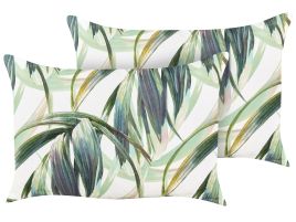 Set of 2 Outdoor Cushions Leaf Pattern 40 x 60 cm Green and White CALDERINA