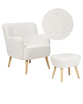 Boucle Armchair With Footrest White TUMBA