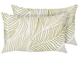Set of 2 Embroidered Cotton Cushions Leaves Pattern 30x50cm White and Green