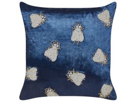 Embroidered Velvet Cushion Flies Motif 45x45cm Navy Blue