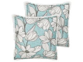 Set of 2 Fringed Cotton Cushions Floral Pattern 45x45cm White and Blue