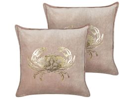 Set of 2 Velvet Cushions Crab Motif 45x45cm Taupe