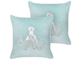 Set of 2 Velvet Cushions Octopus Motif 45x45cm Blue