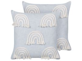 Set of 2 Cotton Cushions Embroidered Rainbows 45x45cm Light Blue