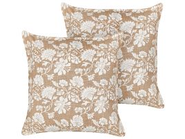 Set of 2 Cotton Cushions Floral Motif 45x45cm Beige and White