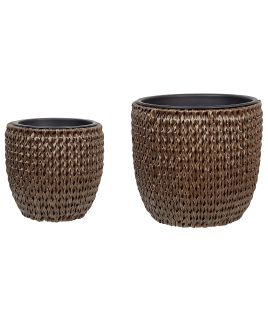 Set of 2 PE Rattan Plant Pots Brown BERBERIS