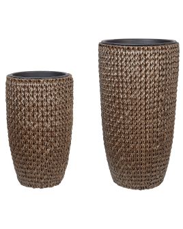 Set of 2 PE Rattan Plant Pots Brown CEDRUS