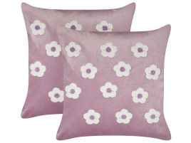 Set of 2 Velvet Embroidered Cushions Flowers Pattern 45x45cm Violet