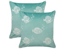 Set of 2 Velvet Cushions Fish Pattern 45x45cm Green