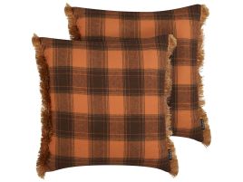Set of 2 Fringed Cushions Chequered Pattern 45x45cm Orange