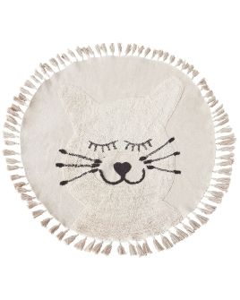 Round Cotton Area Rug Cat Motif 120cm Beige