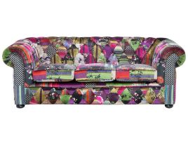 3 Seater Fabric Sofa Patchwork Purple CHESTERFIELD